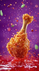 Crispy Fried Chicken Drumstick Splashing in Sauce with Colorful Seasoning Particles in Dynamic Food Photography