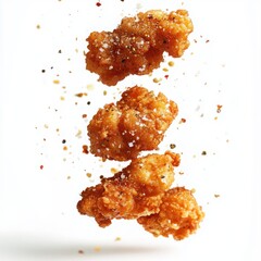 Crispy Fried Chicken Pieces with Seasoning Dust Falling in Air Against White Background