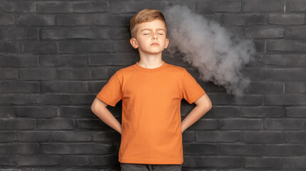 Boy with orange shirt standing confidently in front of dark brick wall with smoke effect behind him, expression of inspiration