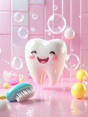 Happy Cartoon Tooth Character with Toothbrush and Bubbles in Playful Pink Environment