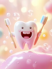 Cheerful Cartoon Tooth Character Holding Toothbrushes Surrounded by Bubbles and Colorful Background for Dental Theme
