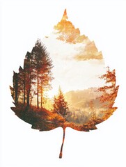 Majestic Forest Landscape Inside a Leaf Shape for Nature and Environment Concepts