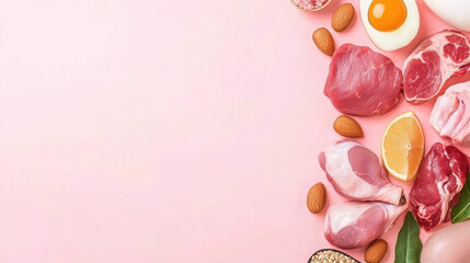 Fresh Raw Meat and Ingredients Arrangement on Pink Background for Culinary and Recipe Inspiration