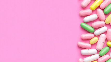 Colorful Assortment of Gel Capsules and Tablets on a Pink Background with Empty Space for Health and Wellness Concepts