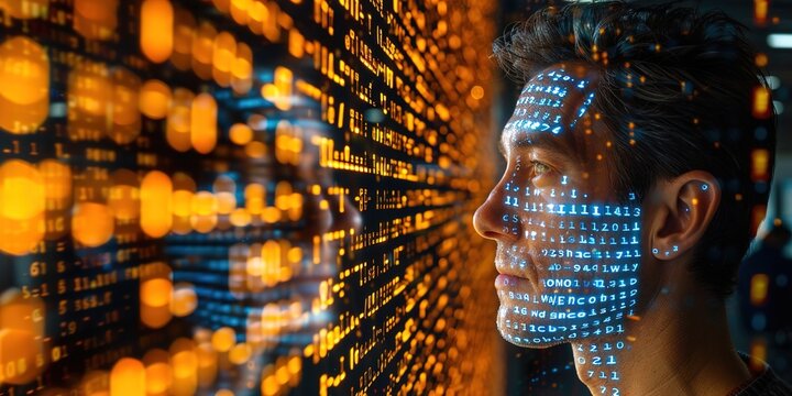 blue digital hacker with glowing binary code, ai in cybersecurity systems, threat detection algorithms, 