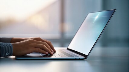 person working laptop financial spreadsheets concept. Hands typing on a laptop in a modern workspace.