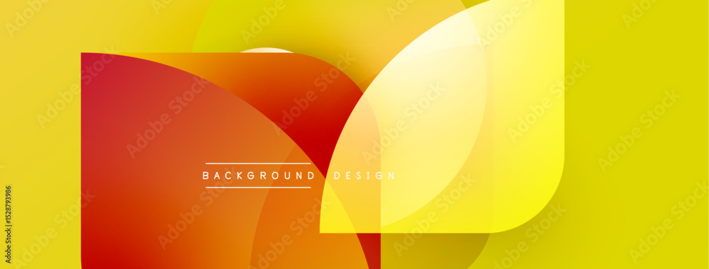 Fototapete Abstract geometric shapes overlap, creating vibrant yellow, orange gradient. Text reads background design centrally positioned. Modern visual composition.