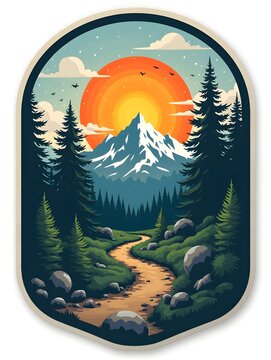 Outdoor Adventure Patch Design with Mountain Sun and Sky