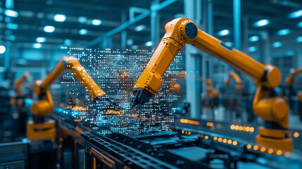 Smart industry robot arms for digital factory production technology showing automation manufacturing process of the Industry 4.0 or 4th industrial revolution and IOT software to control operation