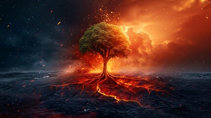 Fototapeta premium Lonely green plant thriving in a fiery background, representing resilience and fragility.
