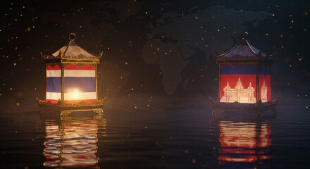 Thailand and Cambodia Flag Lantern Boats Floating on Water
