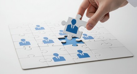 Human resources concept with person placing puzzle piece to complete recruitment process 
