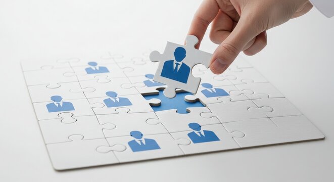 Human resources concept with person placing puzzle piece to complete recruitment process 