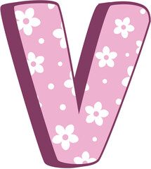 Cute Kid Letter V Pink Floral Uppercase Alphabet Character with White Daisy Pattern in Pastel Style for Girls Crafts Birthday Cards Kids Learning and Preschool Decorations