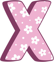 Cute Kid Letter X Pink Floral Uppercase Alphabet Character with White Daisy Pattern in Pastel Style for Girls Crafts Birthday Cards Kids Learning and Preschool Decorations.