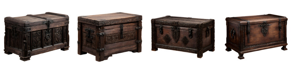 Four antique wooden chests or trunks on display