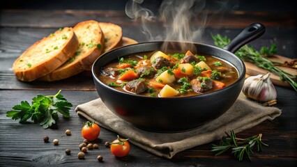 Aromatic Stew in a Dark Bowl with Steaming Broth, Served with Toasted Bread and Fresh Herbs