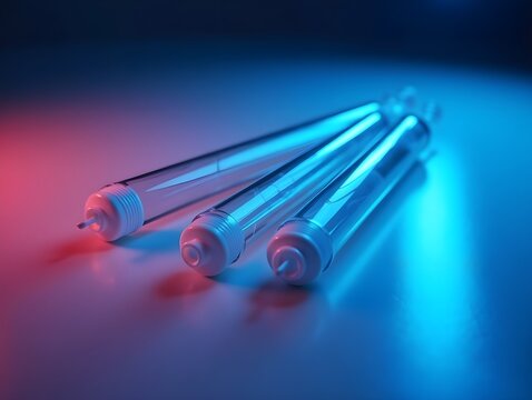 Medical tubes lying on a reflective surface in neon light