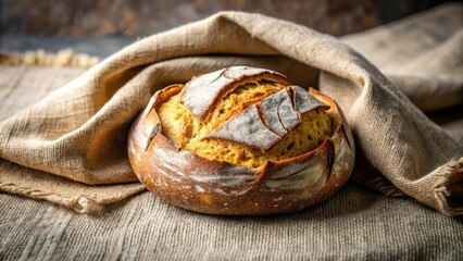 Artisan sourdough bread resting on rustic fabric, a symbol of home-baked goodness and simple pleasures