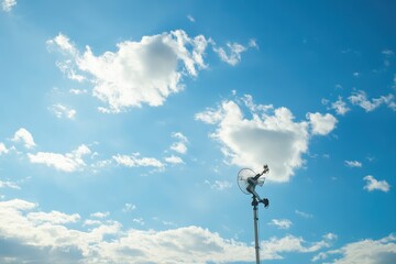 Weather station spins in the wind under bright blue sky with clouds, The weather station rotates in the wind against the sky