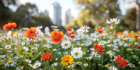 Fototapeta premium A lush urban green space flourishes with vibrant wildflowers, showcasing biodiversity amidst 