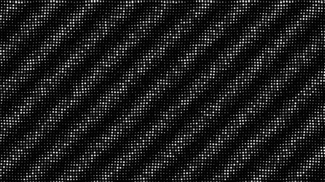 Translationally Symmetrical Halftone Dot Animation with Repeating Sinusoidal Wave Patterns on Black Background Featuring Zentangle-Inspired Rippling Motion and Delicate Shimmering Stardust Effect