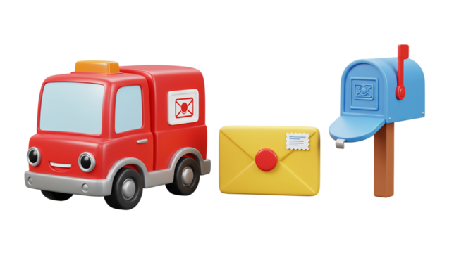 A whimsical postal journey with a cheerful cartoon mail truck delivering letters to a bright on transparent background