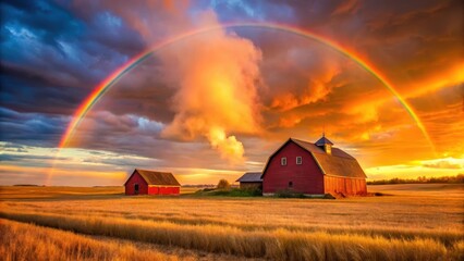 Serene Rural Landscape at Sunset with Vibrant Rainbow Arcing Over Golden Fields and Rustic Barns