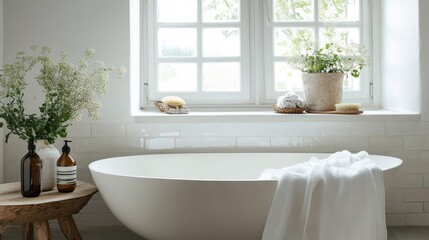 Minimalist white bathroom, tub, natural light