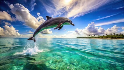 Oceanic marvel A dolphin's breathtaking leap above crystalline waters under a vibrant sky