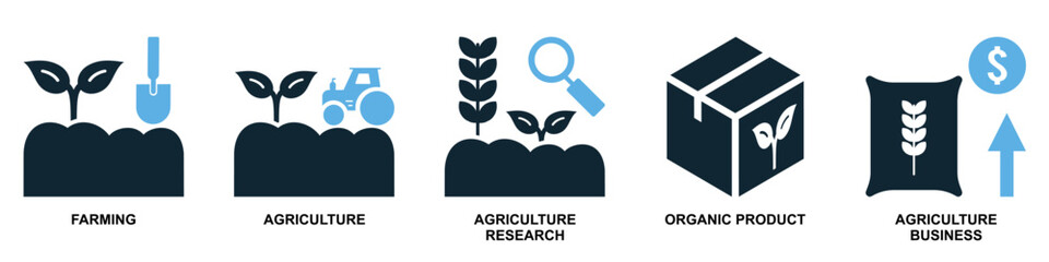 Set agriculture farming icon vector for various aspects of cultivation, livestock, and rural life. Ideal for agricultural businesses, food production, and sustainable development themes.