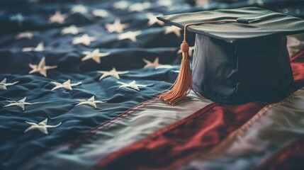 Graduation cap on american flag symbolizes education success and national pride in achievement.