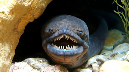 A menacing eel emerges from a coral cave, its mouth agape, displaying sharp teeth.  Dark, dramatic lighting and vivid colors highlight the creature's features