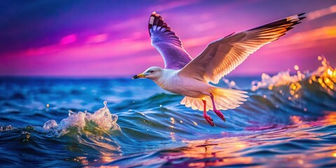 A graceful seabird in flight, skimming above the ocean waves at sunset, its wings outstretched against a vibrant sky