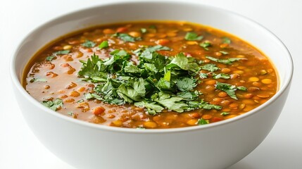 A vibrant orange lentil soup, garnished with fresh cilantro, sits in a clean white bowl against a stark white background.  The soup appears thick and hearty, with visible lentils