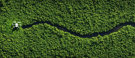Aerial view of drone over lush green jungle with river
