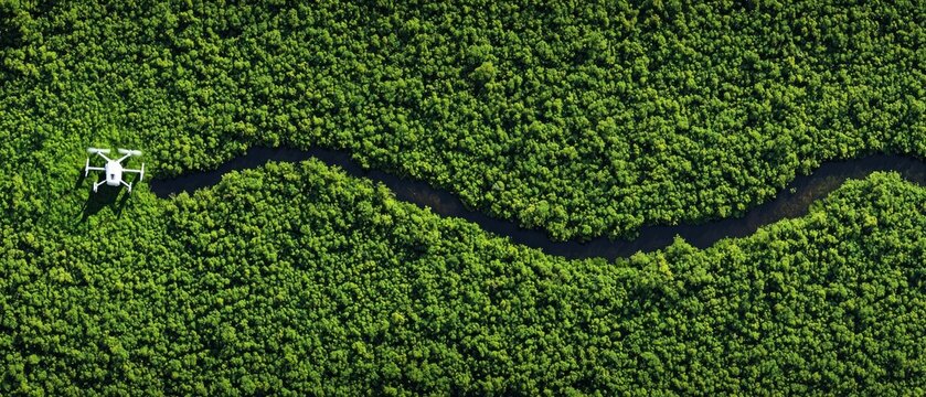 Aerial view of drone over lush green jungle with river