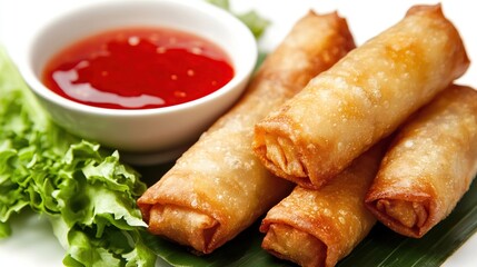 Four golden-brown egg rolls rest on a banana leaf with a small bowl of vibrant red dipping sauce and fresh lettuce garnish, all set against a stark white backdrop