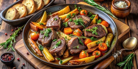 Hearty Stew with Roasted Vegetables and Tender Meat in a Rustic Pan