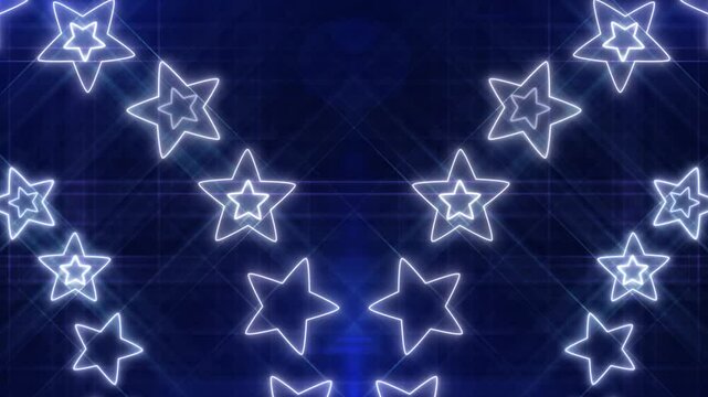 Abstract glowing neon star shapes, Shining bright beautifully glowing on a black background.