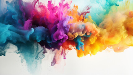 A vibrant explosion of watercolor splashes and powder dust in rainbow gradient, symbolizing multiculturalism and diversity, abstract background, white backdrop