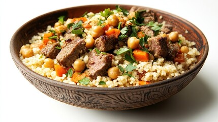 A rustic brown bowl brimming with bulgur, tender chunks of beef, chickpeas, diced carrots, and fresh parsley. The hearty stew-like dish is presented against a stark white background