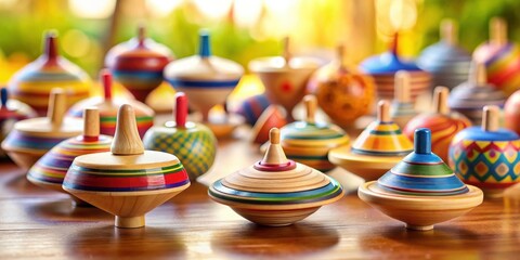 A Collection of Whimsical Hand-Painted Wooden Spinning Tops on a Polished Surface