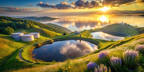 Serene Sunrise Over Rolling Hills, Reflecting in Still Waters, with Industrial Structures