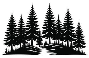 Fototapeta premium Black Pine Woods Vector Silhouette of Dense Evergreen Forest