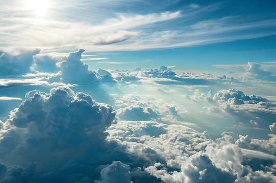 Stunning Aerial View of Cloudscape Blue Sky, Fluffy Clouds, and Sunlight
