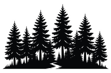 Fototapeta premium Black Pine Woods Vector Silhouette of Dense Evergreen Forest
