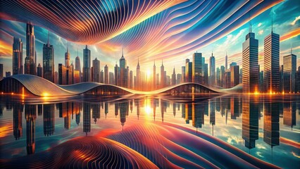 A Futuristic Metropolis at Sunset Reflected in a Calm Water Body with Abstract Architectural Elements