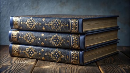A Stack of Antique Leather-Bound Books with Ornate Gold Detailing on a Dark Wooden Surface