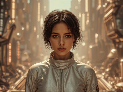 Portrait of a Woman in Futuristic Outfit, Standing in a City of the Future.